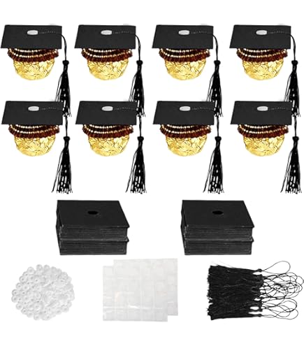 50-Pack Graduation Cap Chocolate Decorations - Gold Tassel Cupcake Toppers For 2025 Graduation Parties