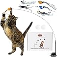 Whiskertons Interactive Bird Simulation Cat Toy Set, Interactive Cat Toys for Indoor Cats, Cat Feather Toy, Self-Holding Suction Base, 5 Replacement Birds, Feathers & Bells, Realistic Bird Impression