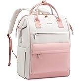 LOVEVOOK Laptop Backpack for Women, 17 Inch Work Teacher Nurse Bag, Large Capacity Business Computer Backpack Purse with USB Port, Stylish Casual Daypack for Travel,Beige&Pink