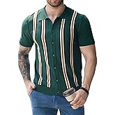 Knit Button Down Shirt Men- Men's Vintage Knit Polo Shirt- 70s Short Sleeve Retro Polo Shirts Vertical Stripes for Casual