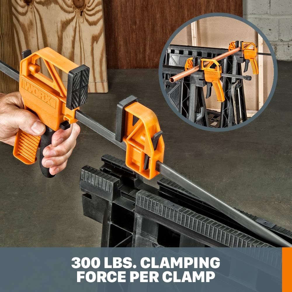 WORX Clamping Sawhorse Pair with Bar Clamps, Built-in Shelf and Cord Hooks – WX065 - - 