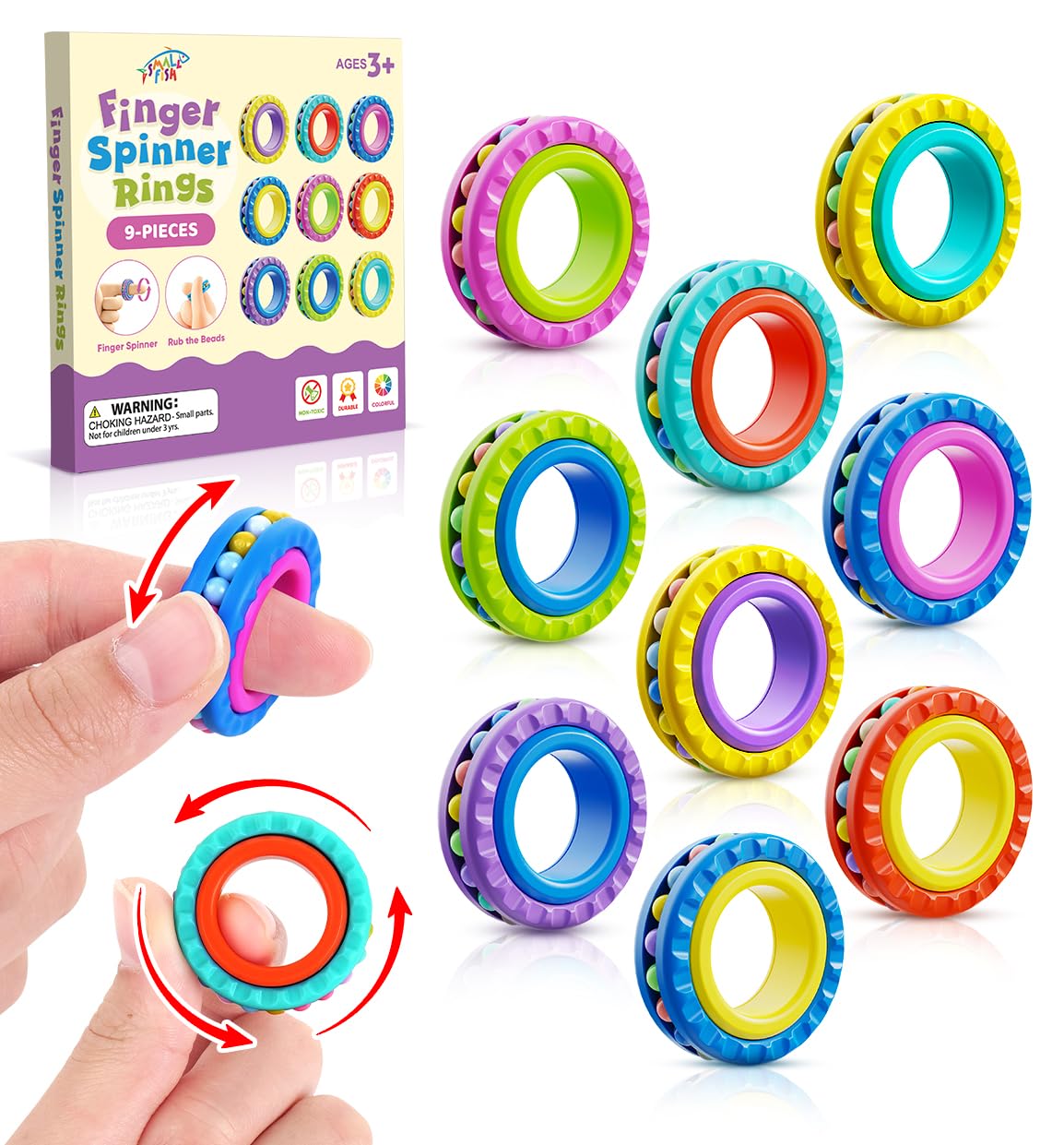 Fidget Toys Sensory Rings for Kids : 9 Pack Multi-Functional Finger Spinner - Fidget Stress Toys for Autism Kids Calming - Small Fidgets for Classroom Prizes - Teens Boys Girls Travel Calm Essentials