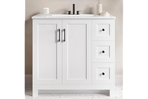 IRONCK 36" Bathroom Vanity with Sink, Freestanding Modern Bathroom Vanity Cabinet with 2 Soft-Close Doors & 2 Storage Drawers, Undermount Rectangular Ceramic Sink, Assembly Required, White