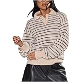 RoseSeek Women's Striped Lightweight Golf Sweaters Long Sleeve Collared Button Loose Fit Pullover Tops