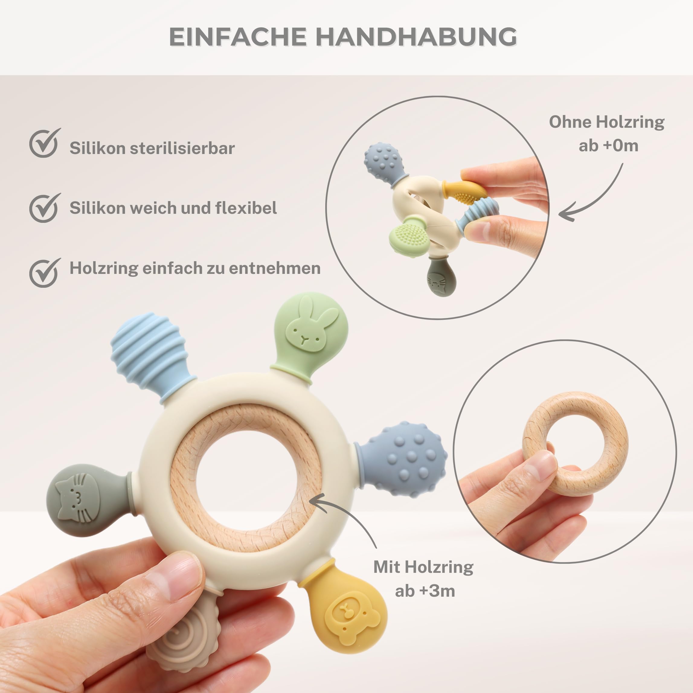 CAJA Beißring Baby BPA freie Zahnungshilfe und Beißspielzeug aus Silikon und Holz Greifring mit Tiermotiv Geschenkidee zur Geburt Sicheres Babyspielzeug für Jungen und Mädchen 5
