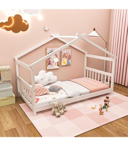 KOMFOTT Twin Montessori Floor Bed With Bookshelf - Solid Pine Wood Kids Bed Frame With Guardrails (White) - View #8