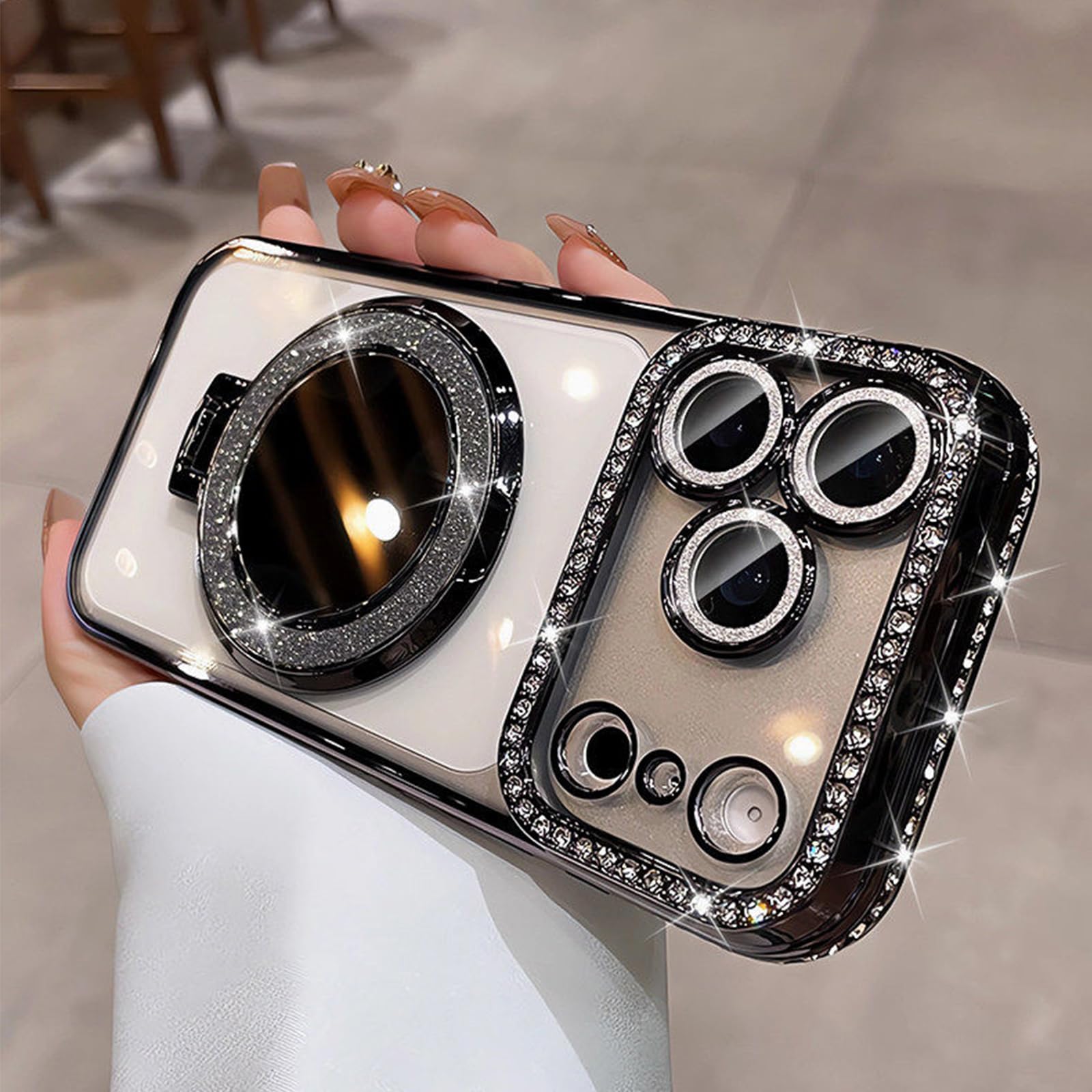 Photo 1 of Glitter Diamond Magnetic Case for iPhone 17 Pro Max Clear with Sparkly Makeup Mirror Invisible Stand Ring 17 Pro Max Case Women Girls Cute Bling Luxury Shiny Shockproof Protective Cover 6.9", Black