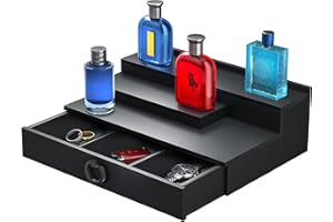WINKINE Cologne Organizer for Men, Acrylic Display Stand Shelf, Perfume Organizer for Dresser, Cologne Stand with Hidden Compartment and Drawer, Cologne Holder Tray Shelf, Fragrance Organizer, Black