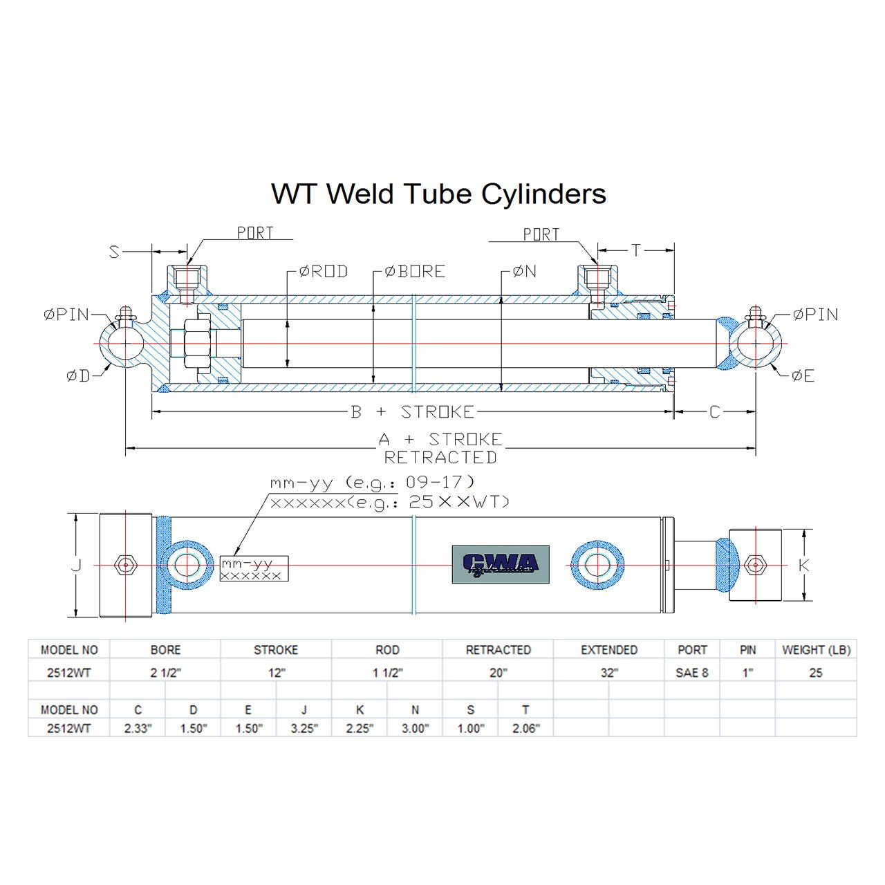 CWA Hydraulics WT Weld Cross Tube Hydraulic Cylinder 2 Bore x 6 Stroke x 1 1/4 Rod x SAE 6 Port