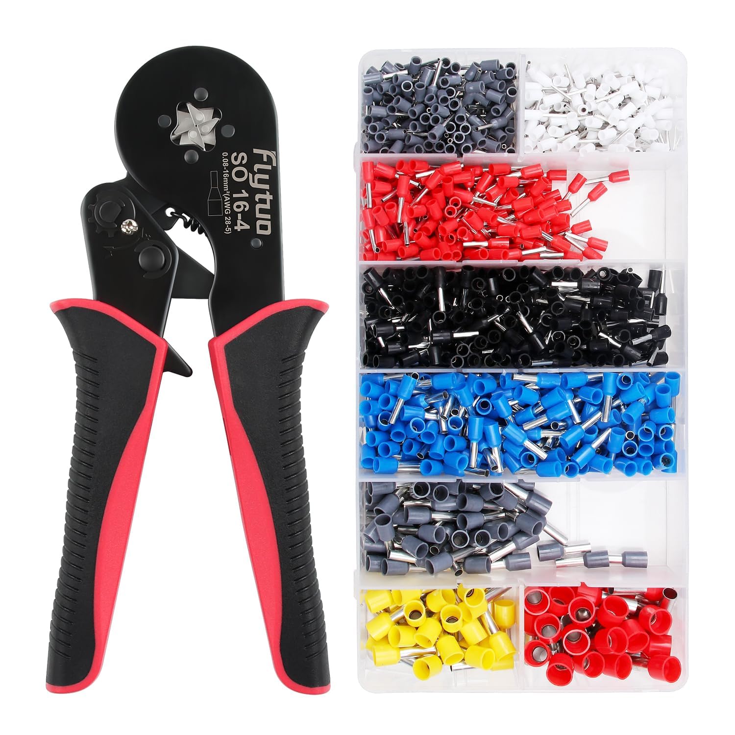 Flytuo Ferrule Crimping Tool Kit, AWG 28-5/0.08-16mm² Hexagonal Ferrule Crimping Tool Kit with 1200Pcs Twin Wire Terminals, Self-Adjustable Ratchet Pliers for Heavy Duty Work and DIY Projects