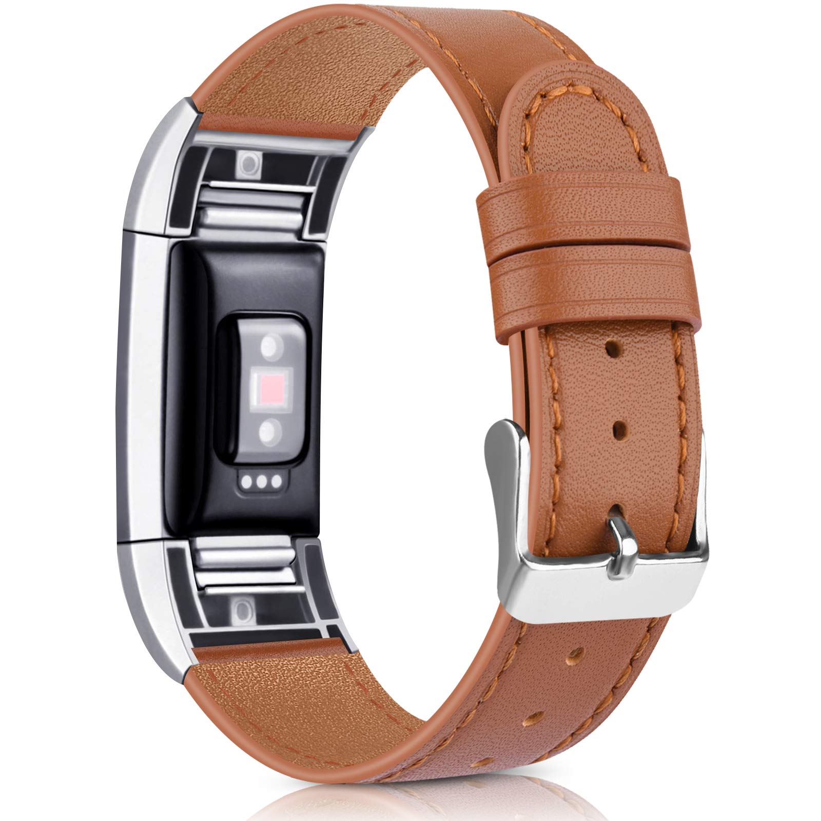 Wanme For Fitbit Charge 2 Strap Leather Straps, Classic Adjustable Replacement Straps with Metal Connectors for Fitbit Charge 2 (06 Brown, 5.5" - 8.1")