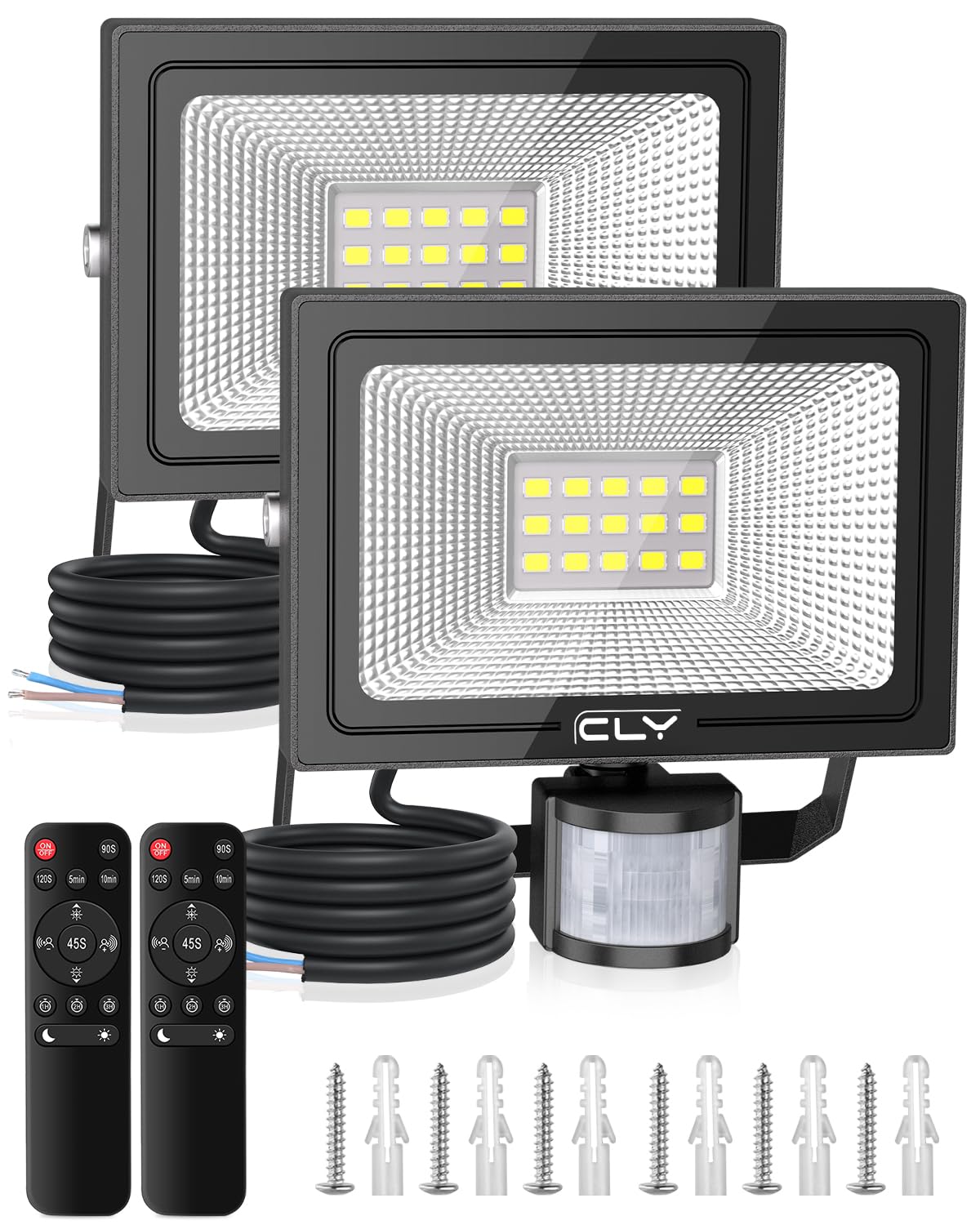 CLY 2 Pack Security Lights Outdoor with Motion Sensor, 15W 1200LM LED Floodlight with Remote Control IP66 Waterproof PIR Sensor Lights 6500K LED Outdoor Lights for Garden, Backyard, Garage, Doorways