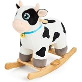 FUNLIO Cow Rocking Horse Ages 1-3, Adorable Baby Rocking Horse with Cuddly Head, Bright Sparkling Eyes &amp; Jingling Bell, Stuffed Plush Ride-on Baby Rocker, Easy to Assemble, CPC &amp; CE Certified