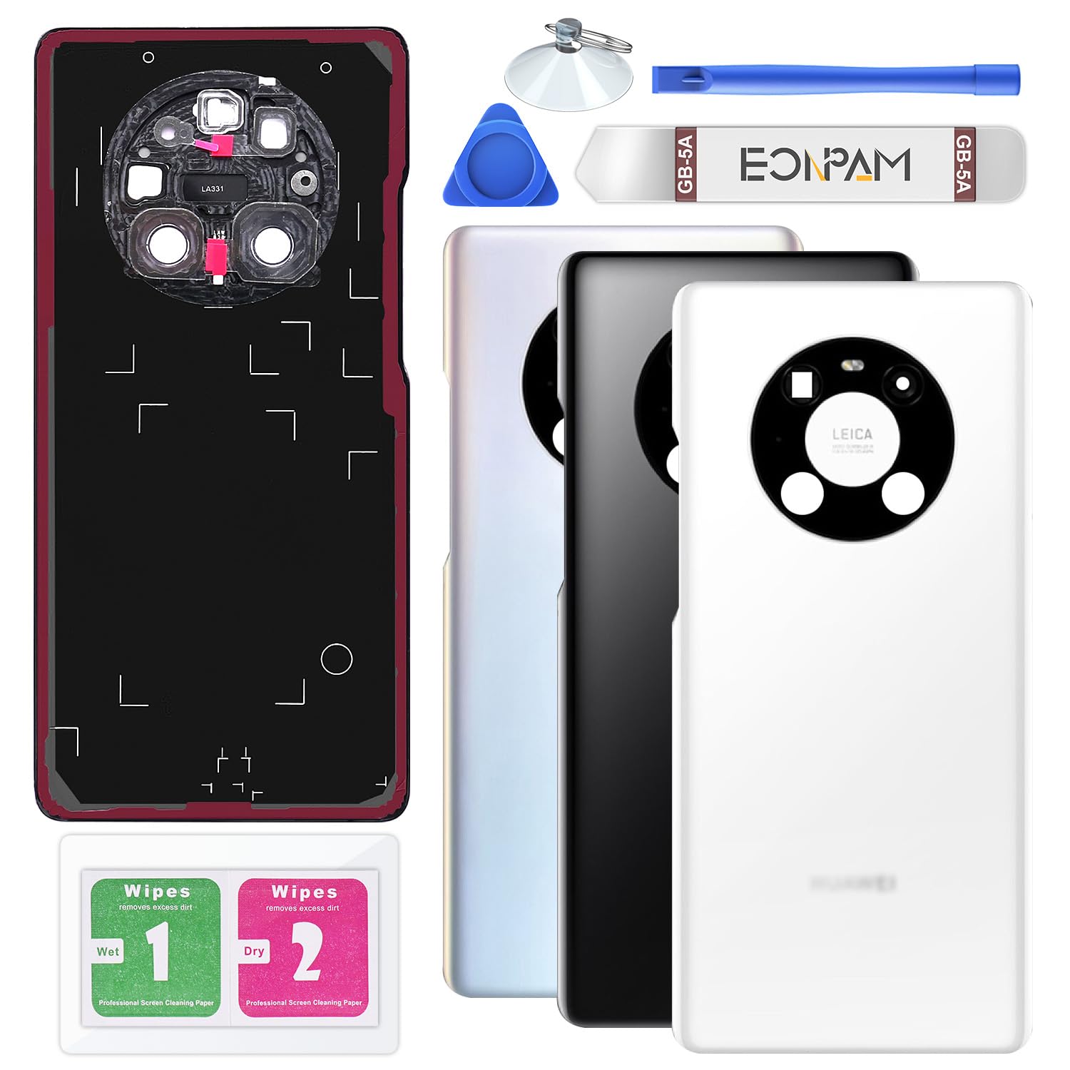 Eonpam Back Cover Glass for Huawei Mate 40 Pro Rear Glass Replacement with Camera Lens + Repair Kit Genuine Rear Housing (White)