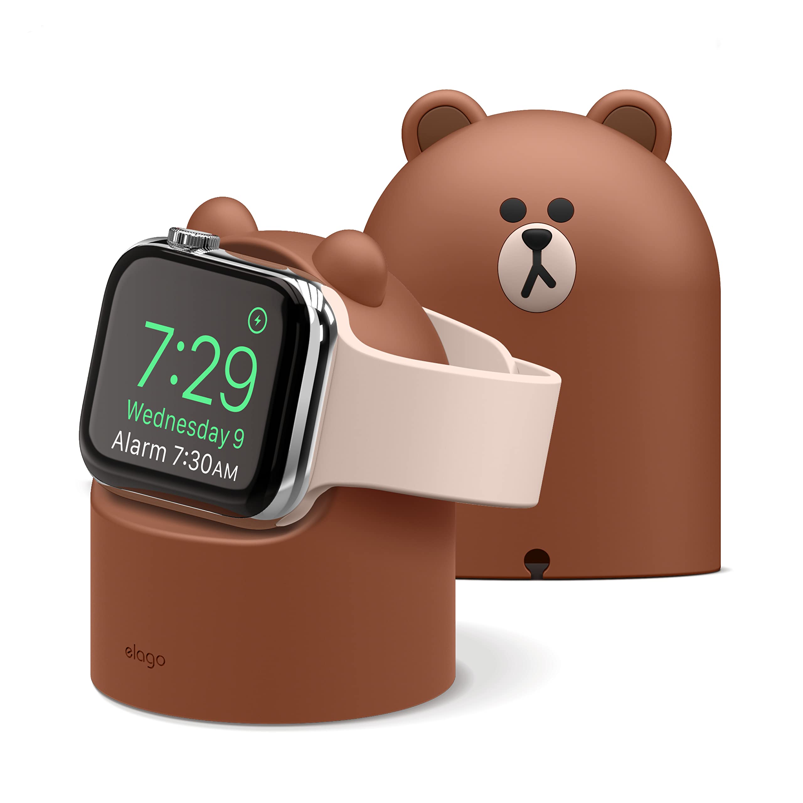 elago | LINE Friends W2 Charger Stand Compatible with All Apple Watch Series Ultra 3&2&1/11/10/9/8//7/6//5/4/3/2/1,SE3/SE2/SE (49mm, 46mm, 45mm, 44mm, 42mm, 41mm, 40mm, 38mm), Nightstand Mode (BROWN)