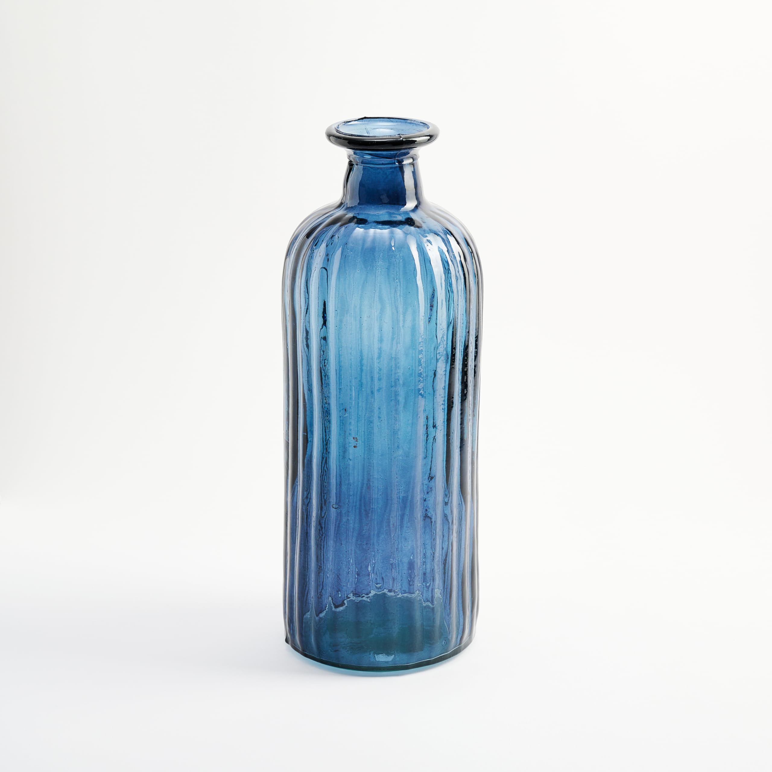 Large Recycled Glass Bottle Mediterranean Style with Striped Design - Handmade Glass for Home Decoration as Vase (Blue Navy)