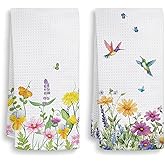 HIWX Spring Floral Decor Kitchen Towels Set of 2, Hummingbird Kitchen Towels, Seasonal Spring Summer Decoration Tea Towels Kitchen Hand Towels 16x24 Inch for Farmhouse Kitchen Bathroom Decor