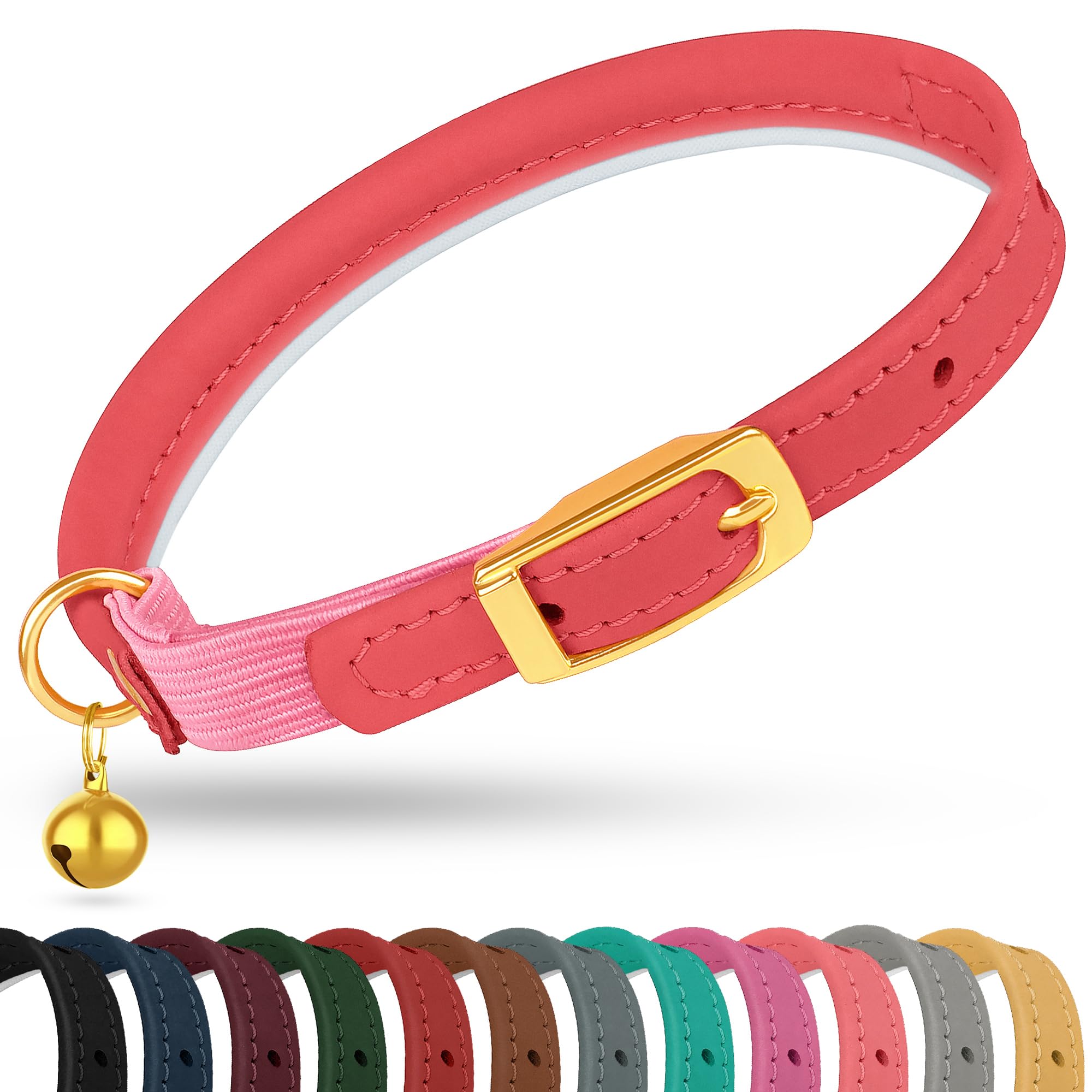 OOPSDOGGY Rolled Leather Cat Collar with Bell - Reflective Kitten Collar with Safety Elastic Strap - Adjustable Small Pet Collars for Boy Girl Cats (Pink)
