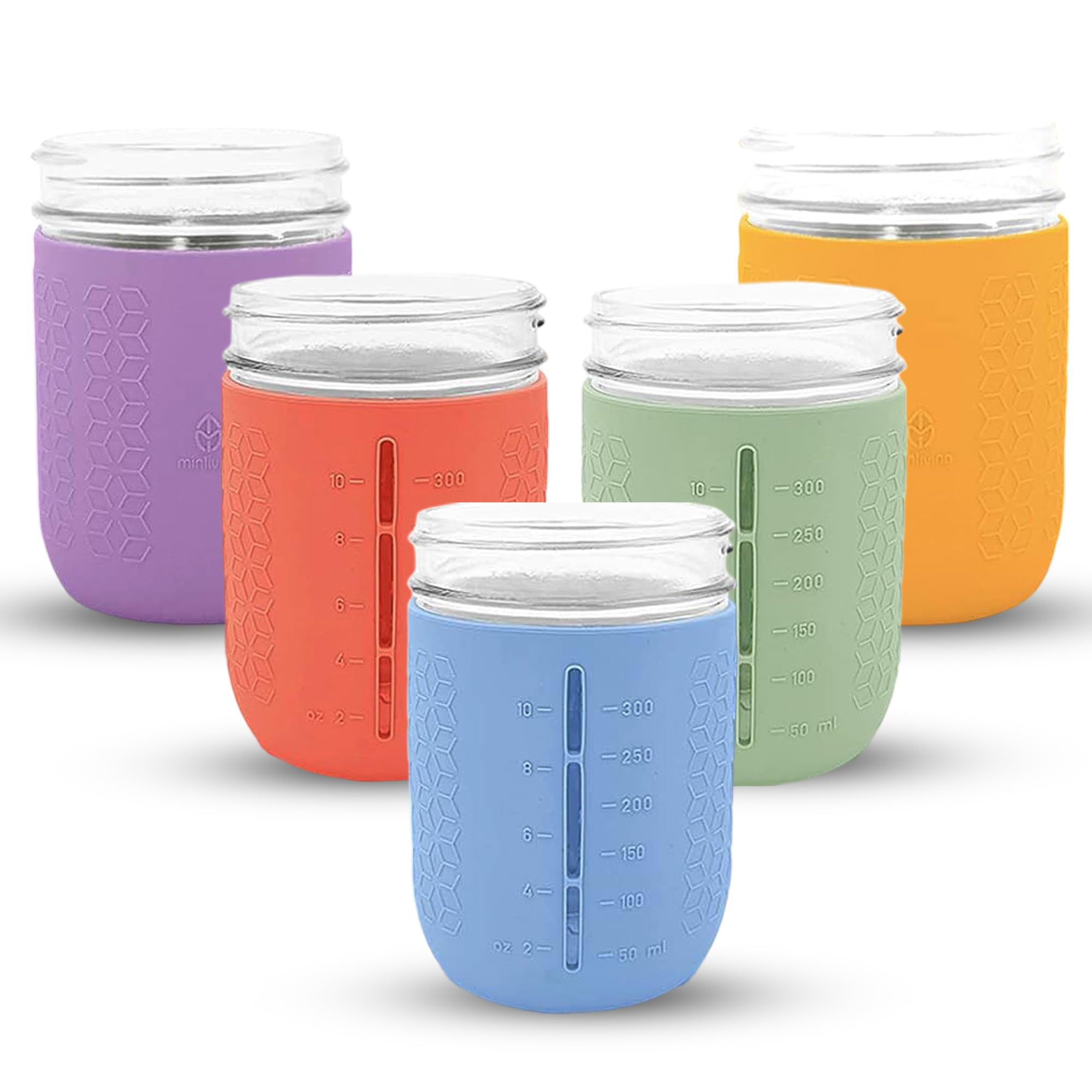 Photo 1 of minliving Silicone Mason Jar Sleeves Spring Summer Set | Anti-Slip Protectors for Wide Mouth 16oz Jelly Canning Jars | Cup Holders with Measurement Markings | Dishwasher Safe Jar Jackets - 5 Pack