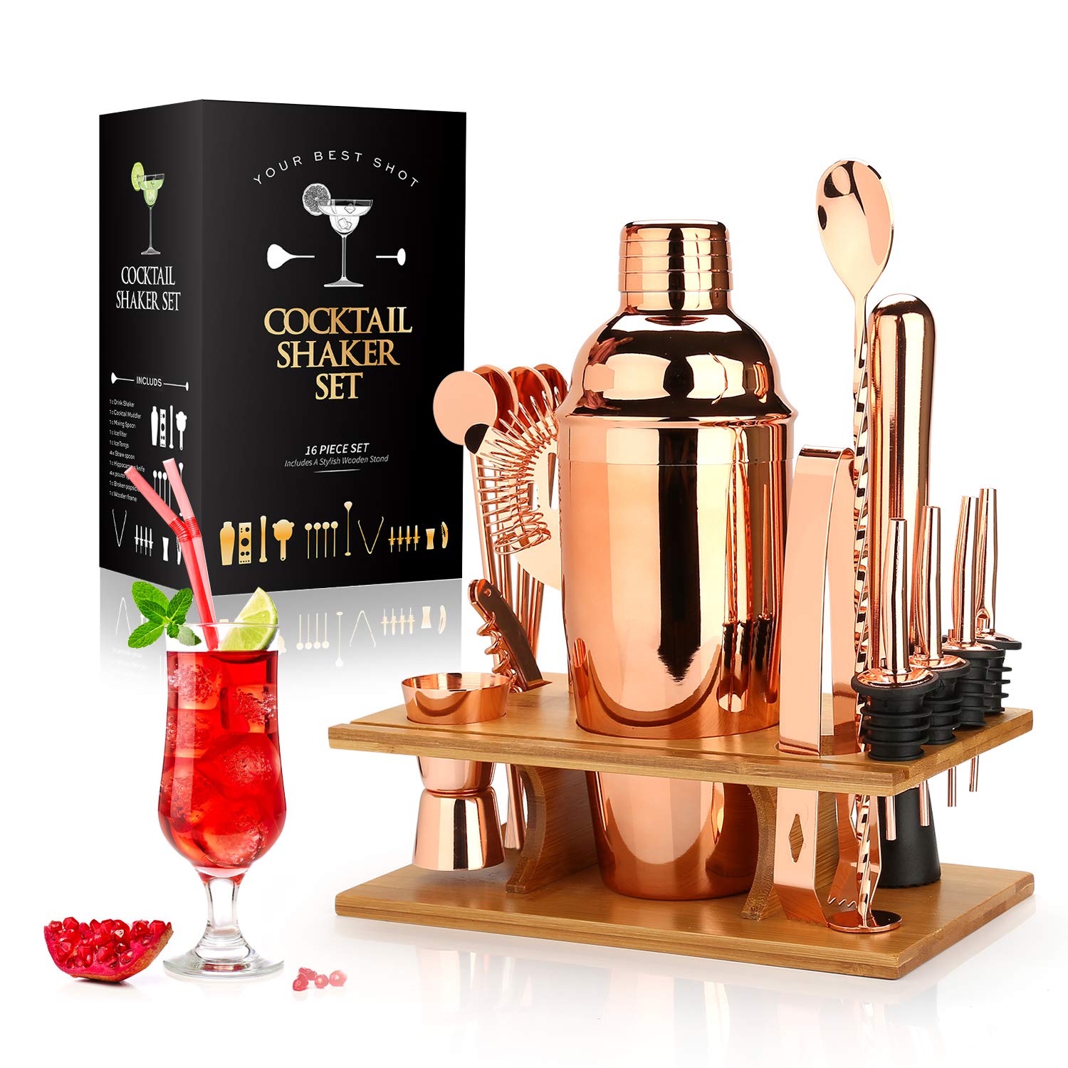 Cocktail Shaker Making Set: 16pcs Bartender Kit with Semicircle Eco Bamboo Stand - Stainless Steel Bar Tool Set Scandinavian Style Home DIY Kit