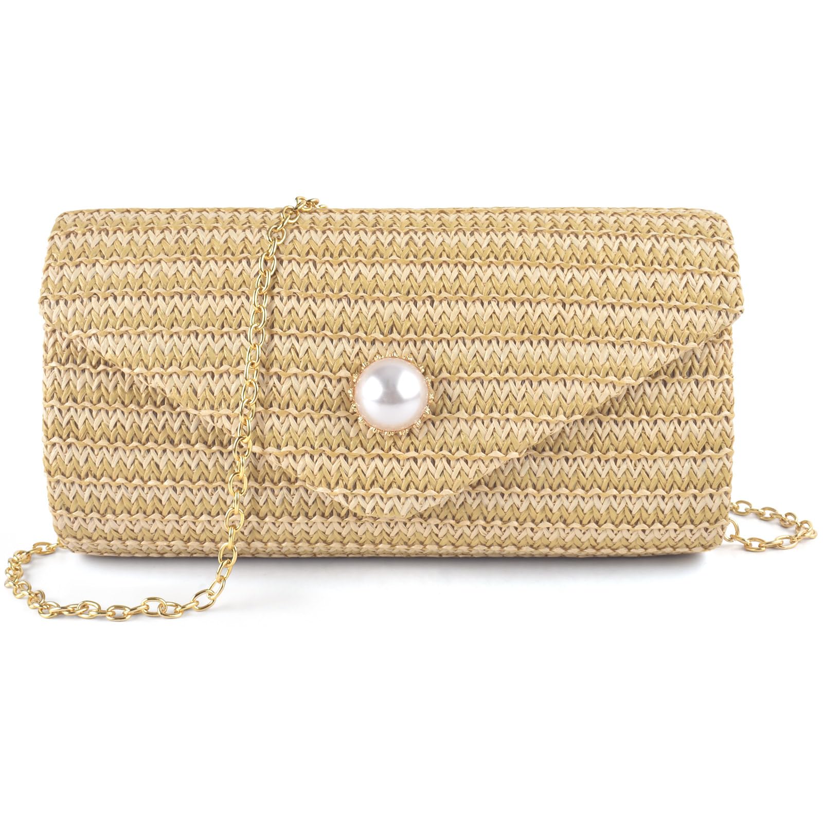 Photo 1 of PACETAP Straw Clutch Purse for Women, Pearl Decoration Boho Crossbody Bags Handbags for Beach Travel Vacation Party Prom