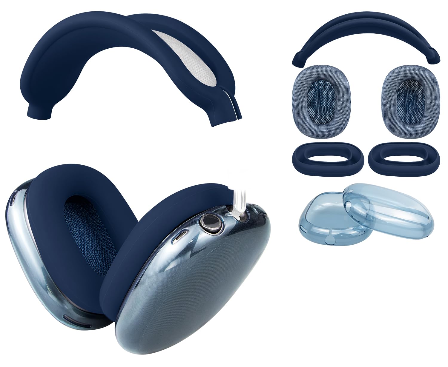 SOULWIT Replacement Kit for AirPods Max, Mesh Fabric Earpads + Headband Cover + TPU Case Protector + Silicone Ear Pads Cover, Sweatproof, Anti-Scratch Accessory, Cushions with Softer Foam - Blue