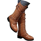 Combat Riding Boot Flats Long Belt Round Toe Chunky Heels Boots Low Heel Leather Fall Winter Vintage Casual Shoes