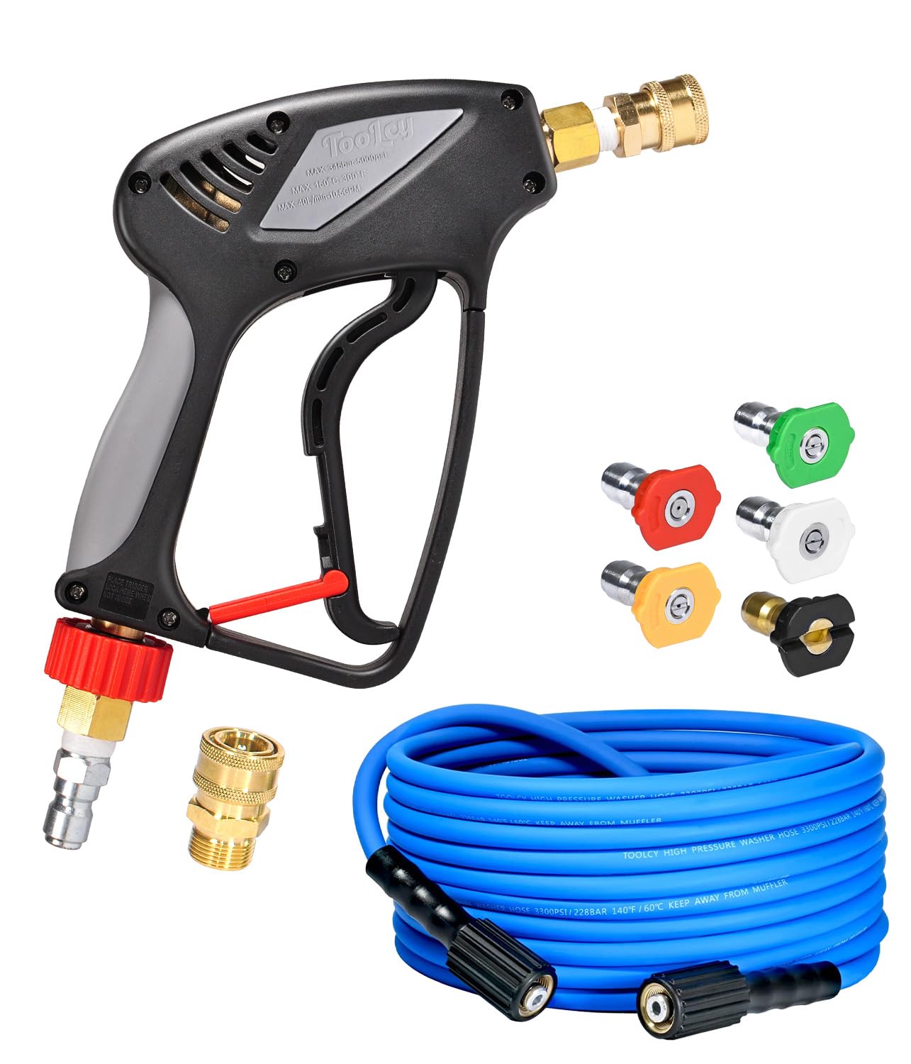 Photo 1 of TOOLCY Pressure Washer Hose and Gun, 30ft Flexible Power Washer Hose and Power Washer Gun with 5 Nozzle, 3/8" Swivel Quick Connector & M22-14mm Plug, for Gas Power Washer & Electric Pressure Washer