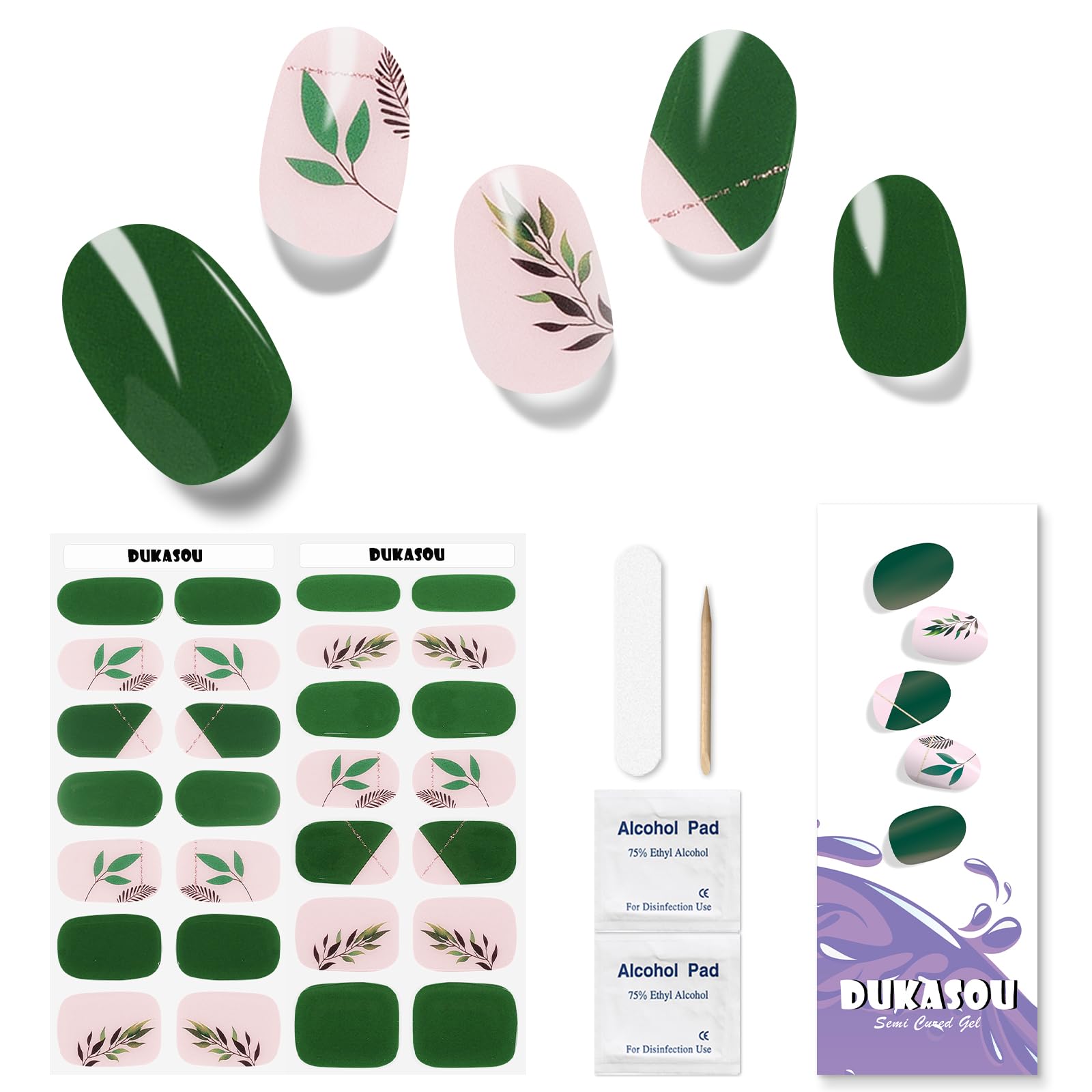 Semi Cured Gel Strips, 28 pcs Work with Any UV Lamp, Long Lasting Stickers Full Wraps, Salon Quality, Easy to Apply (Leaves Green)