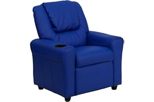 Flash Furniture Vana Vinyl Kids Recliner with Cup Holder, Headrest, and Safety Recline, Contemporary Reclining Chair for Kids, Supports up to 90 lbs., Blue