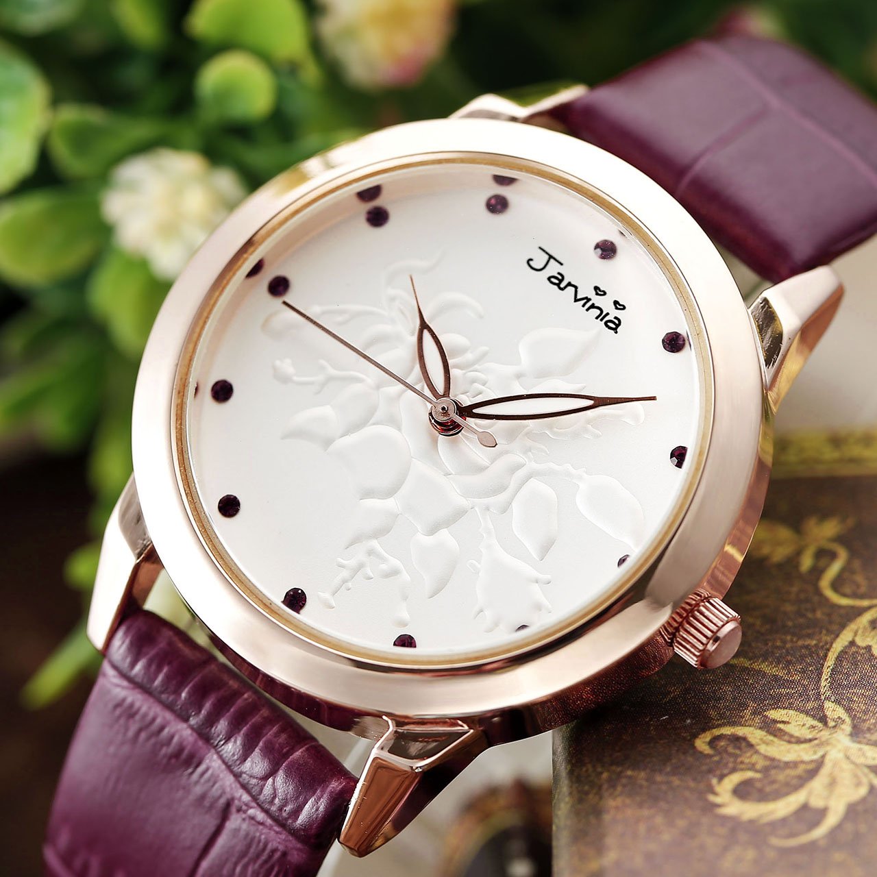 JSDDE Uhren,Fashion Damen-Armbanduhr Relief Rose Blume Zifferblatt Armbanduhr mit Strass Annalog Quarzuhr,Violett