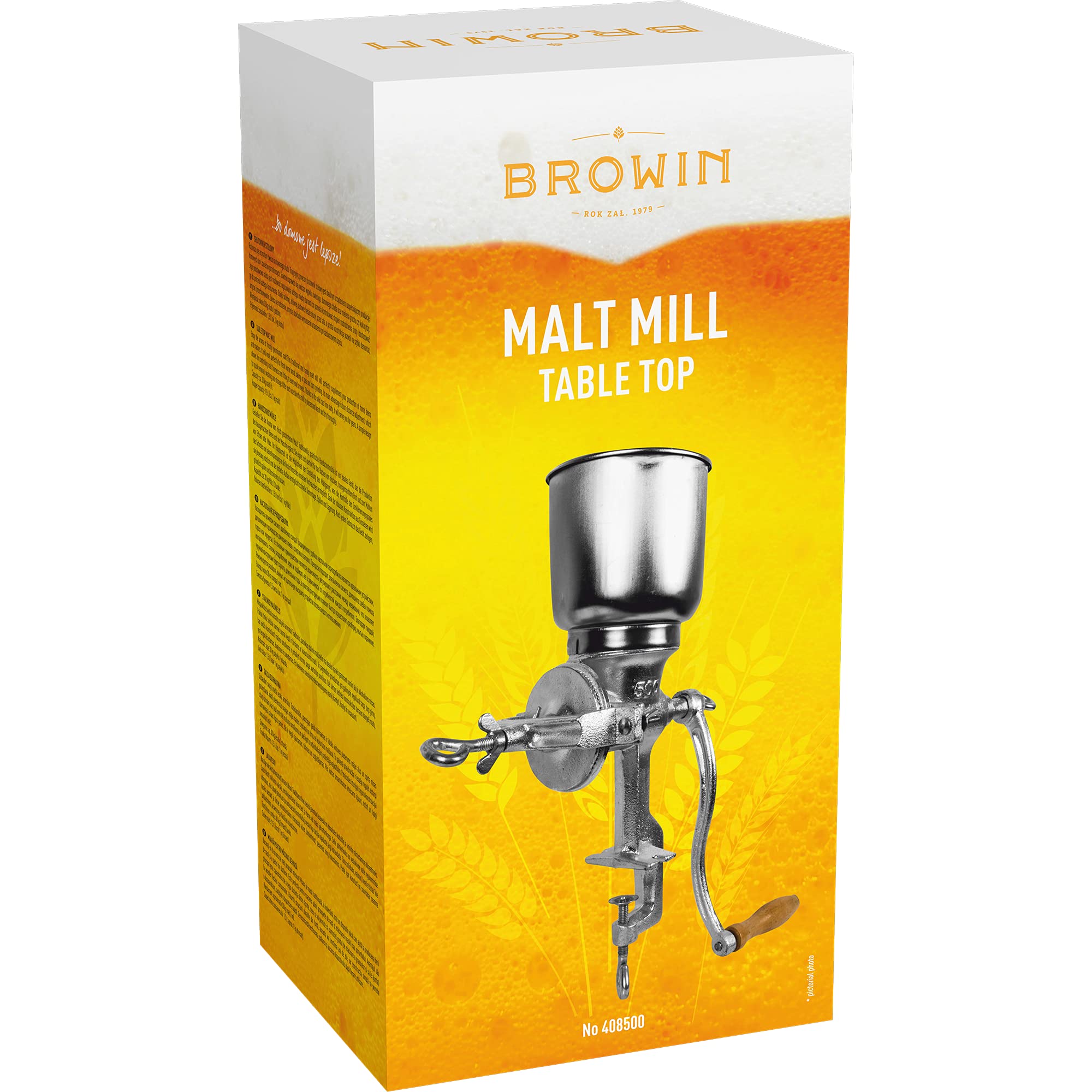 Browin 408500 Table Malt Mill - Grinder 1kg, for Grain Seed, Coffee or Nut, Mill Corn, Mill Manual Grinder, Homemade Ingridients for Homebrewing, Bread Baking and Food Preparation