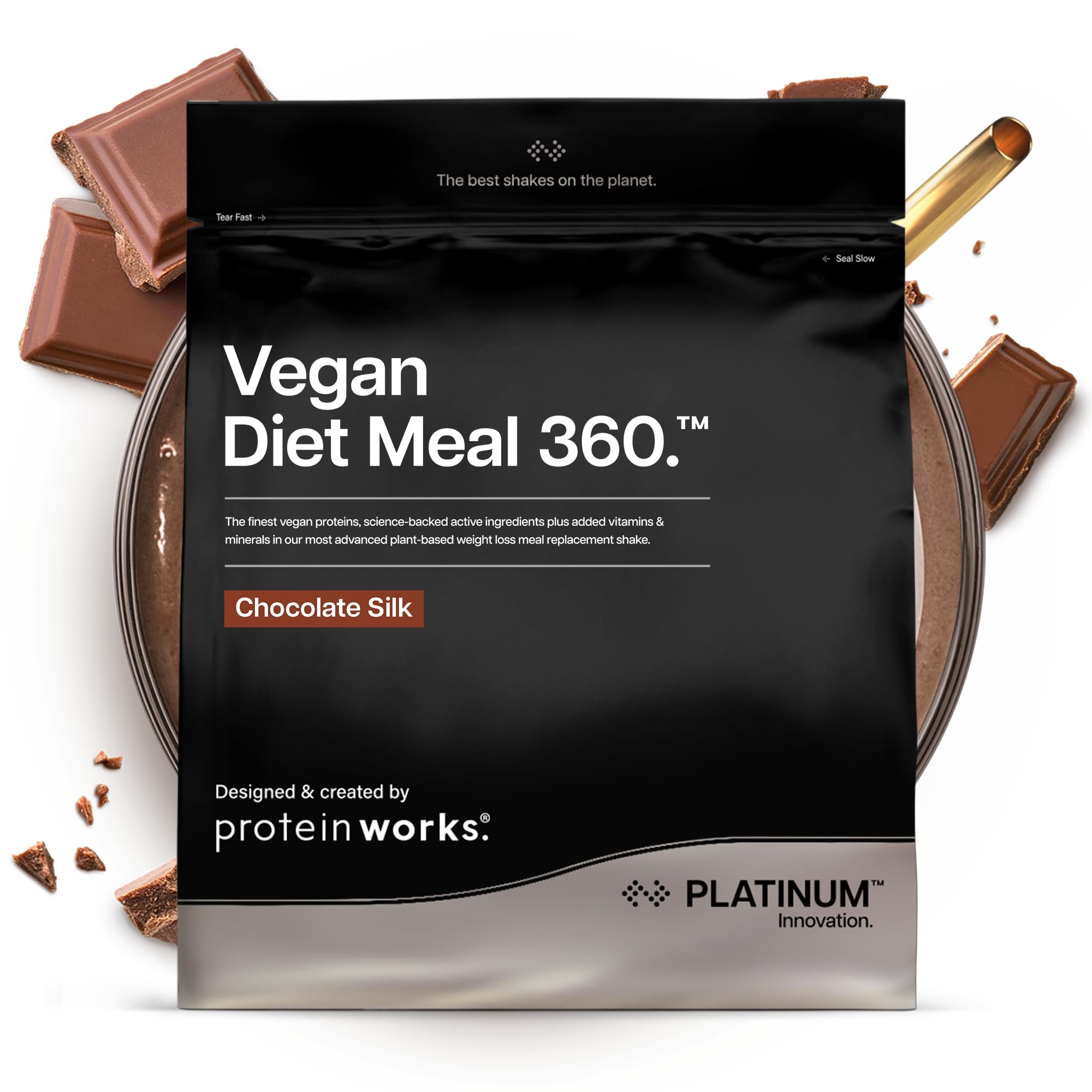 Protein Works | Vegan Diet Meal 360 - PLATINUM Innovation, Vegan Protein Diet Meal Replacement Shake, Healthy Weight Loss, Vitamin & Mineral Blend, Green Tea, Chocolate Silk, 8 Meals, 500g