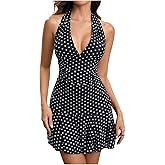 Women's Polka Dots Ruched Backless Halter Mini Dress Deep V Neck Ruffle Hem Short Tank Dresses