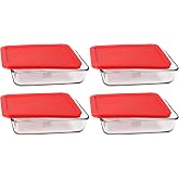 Pyrex 7210 3-Cup Glass Dishes &amp; 7210-PC Red Lids (4-Pack) - Made in USA | Secure Covers | Refrigerator Ready | Stackable Design | Nonporous Surface | Stain Resistant | BPA-Free Material