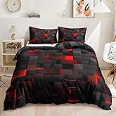 Nttopship Geometric Red Black Duvet Cover Queen Size,Light Honeycomb 3PCS Bedding Set for Kids and Adults,Modern Cover Set Geometry Decor,Microfiber Lightweight 1 Duvet Cover and 2 Pillowcases