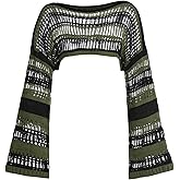 SHENHE Women's Crochet Shrugs Striped Long Bell Sleeve Baggy Knit Sweater Crop Top Swim Coverup Fairy Party