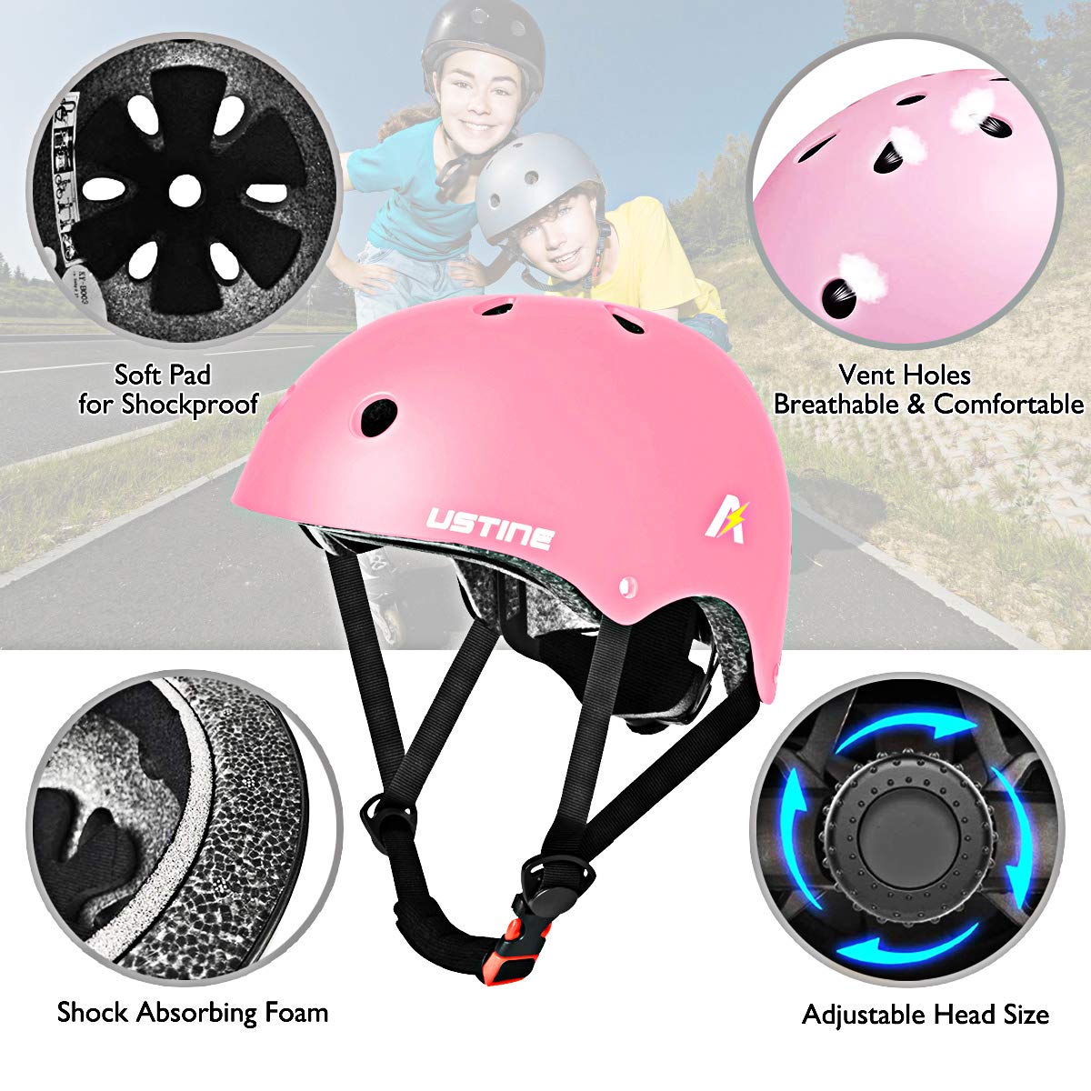 USTINE Skateboard Helmet, Bike Helmet, Protective Gear Set Knee Elbow Wrist Pads for Kids Boys Girls Toddler Youth Adults Multi-Sports Scooter Roller Skate Inline Skating Cycling Rollerblading