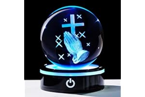 YWHL 3.14In 3D Crystal Cross Ball Figurine with Colorful Light Base, Laser Engrave Praying Hands Religious Gifts for Women, Christian Gifts for Friends, Crystal Cross Decor