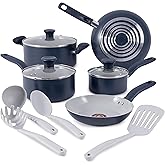 T-Fal Ceramic Nonstick Cookware Set, Oven Safe Up to 350ºF, 12-Piece, Includes Stockpot, Frying Pans, Utensils, Ceramic Pots and Pans Set, Dark Blue