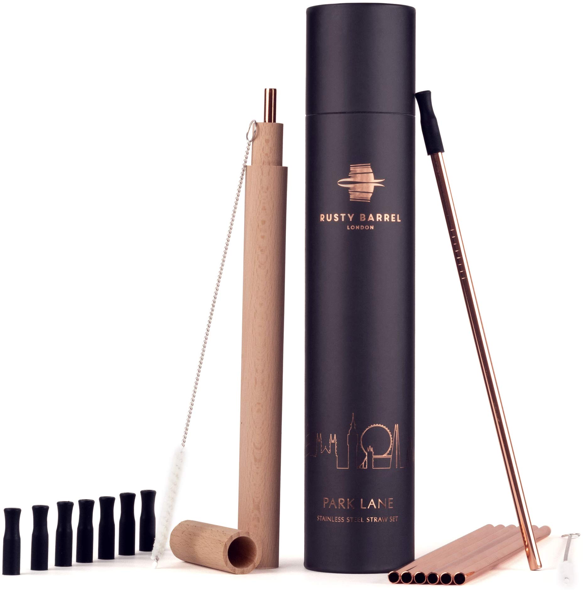 Rusty Barrel Park Lane Metal Straws Gift Set - Rose Gold Reusable Stainless Steel Drinking Straws, Cleaning Brushes, Case & Storage Bag | for Cocktails, Hot & Cold Drinks | Luxury Gift Box
