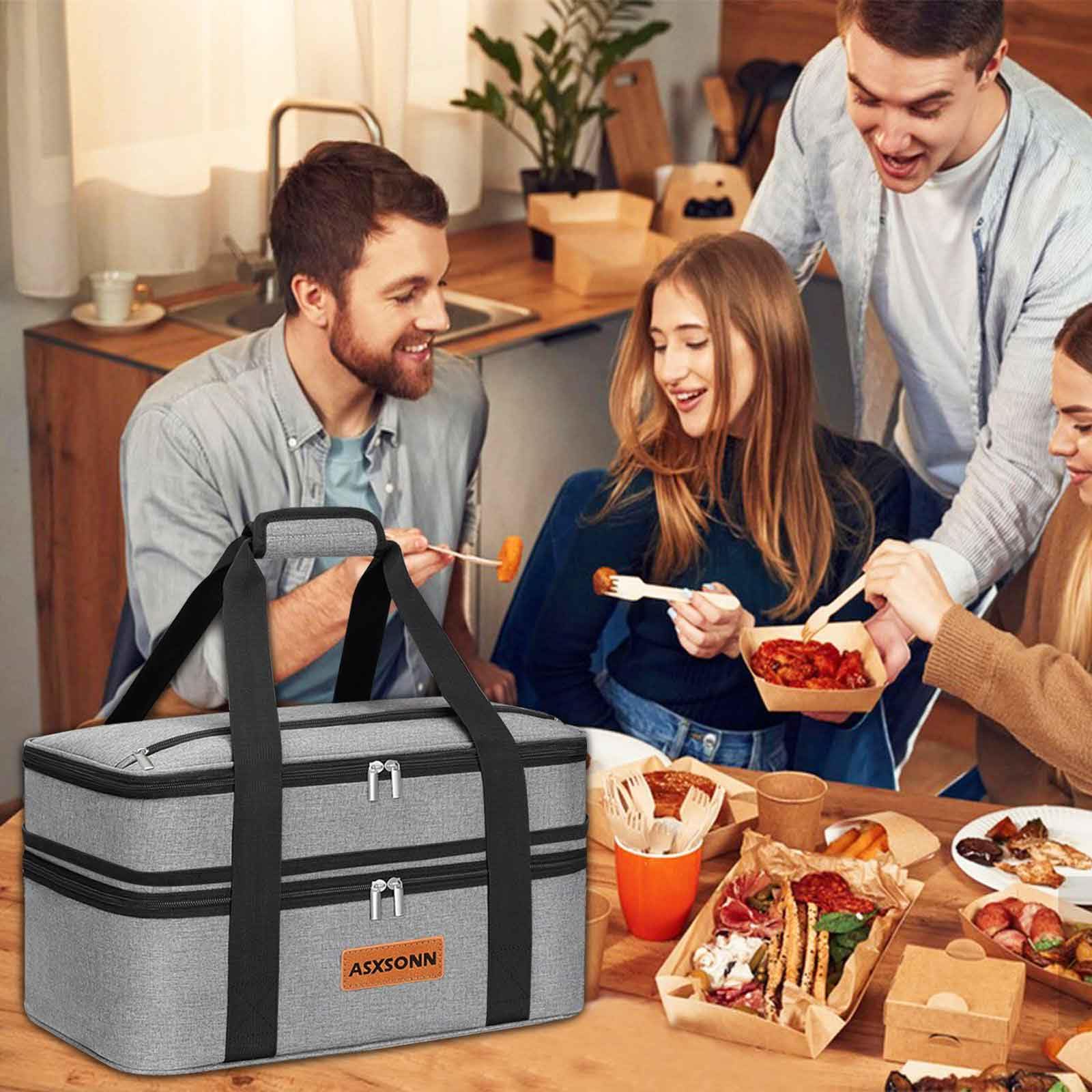 Double Decker Insulated Casserole Carrier for Hot or Cold Food, Expandable Insulated Food Carrier for Parties, Picnic, Beach, Fits 9