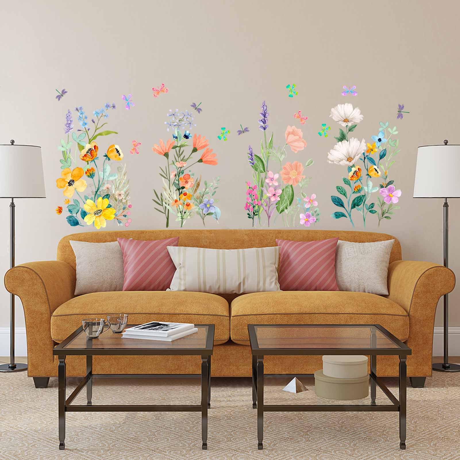 AnFigure Watercolor Flower Wall Stickers - Colorful Floral Wall Decals - Nature Spring Plant Living Room Bedroom Family TV Sofa Background Wall Decor