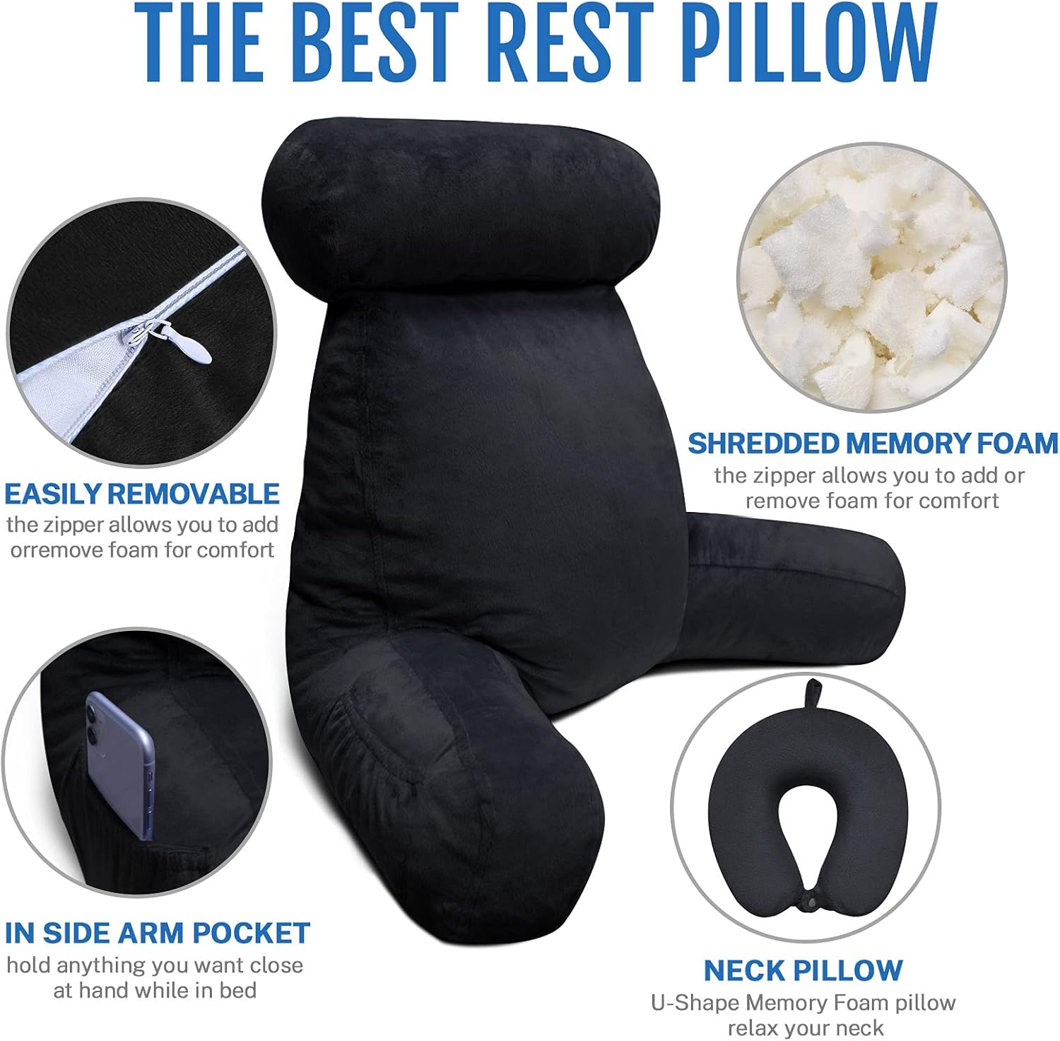 Britimes Reading Pillow with Arms, Pockets, Neck Roll and Memory Foam, Perfect for Back Support, Backrest Pillows for Sitting in Bed, Floor or Sofa, Black: Kitchen & Dining