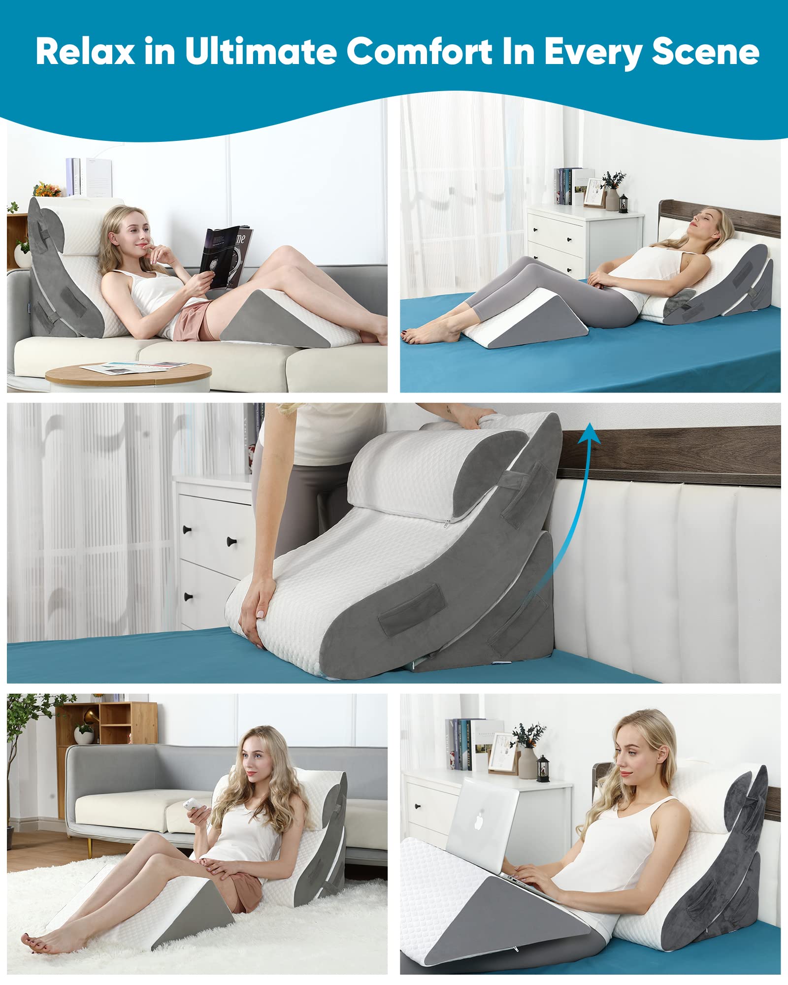 Forias Orthopedic Bed Wedge Pillow Set, 4PCS Wedge Pillow Set for After Surgery, Adjustable Wedge Pillow Set for Acid Reflux Back Pain Relief Post Surgery Snoring Sleep Apnea, Legs Neck Knee Support