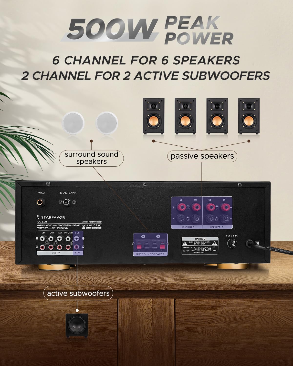 Starfavor Bluetooth Stereo Receiver w Phono Inputs, 2.1 Channel 500W Peak Power Home Audio receivers amplifiers for Speakers w Subout,RCA in,USB,SD,FM,2 MIC in Echo and Headphone Jack KA-500