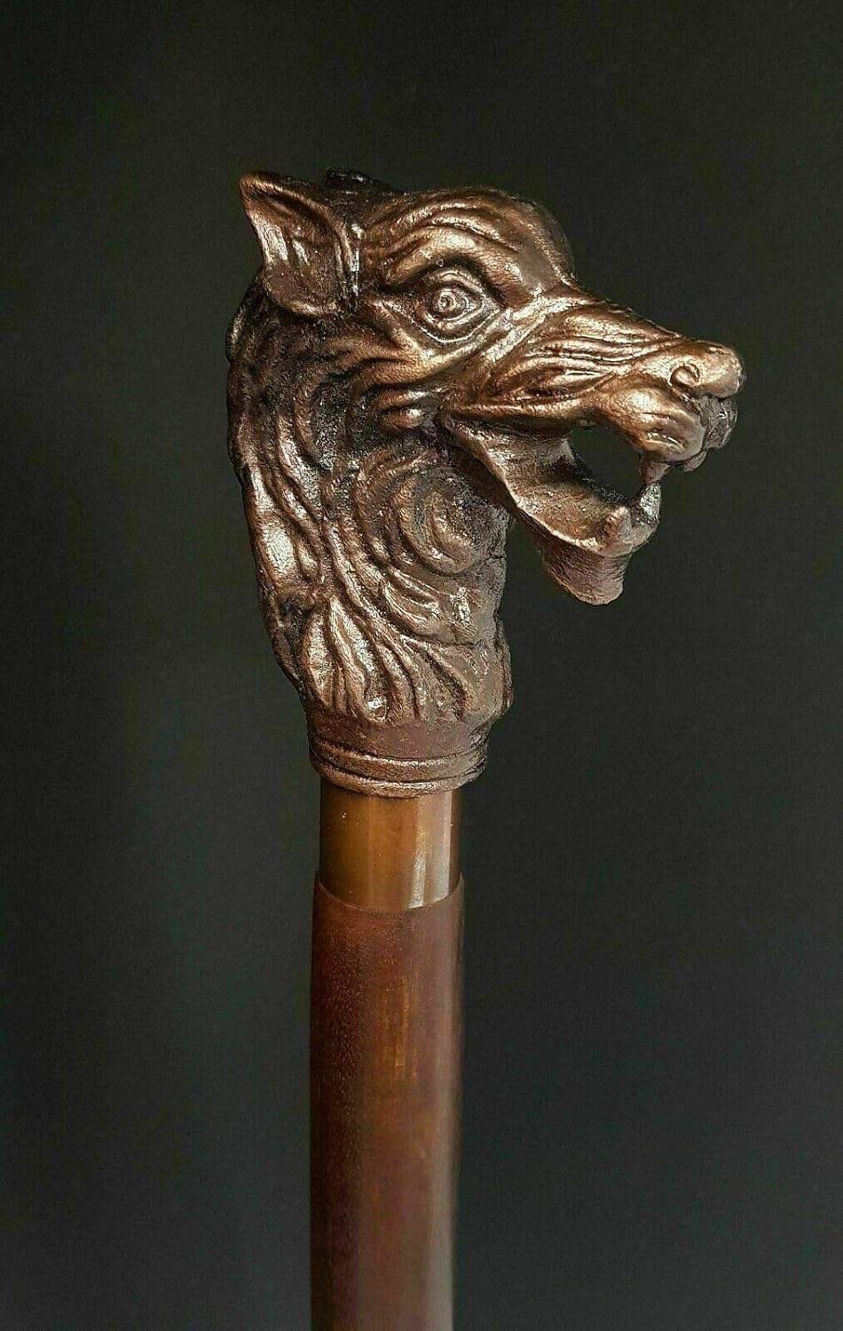 Waziha Noutical Handmade Walking Stick Wolf Head Copper Antique Metal Handle Wooden Vintage Cane, Brown, 36 inch