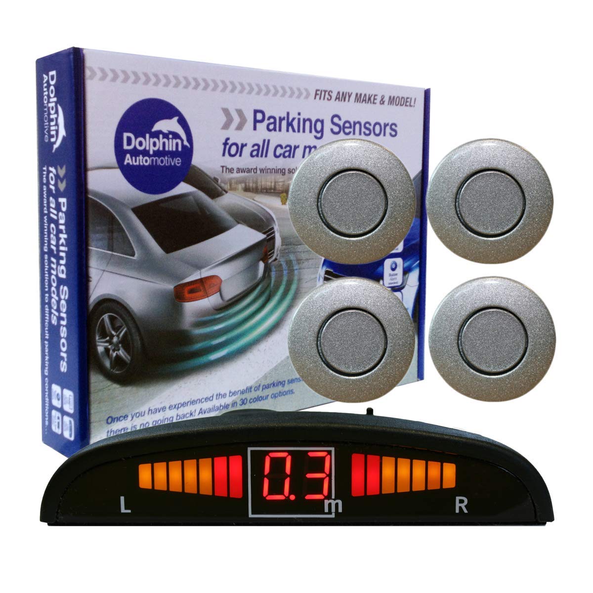 Dolphin Automotive DPS450 Reverse Parking Sensors In 32 Colours 4 Ultrasonic Radar Sensors Kit Audio & Display Alert System - Grey