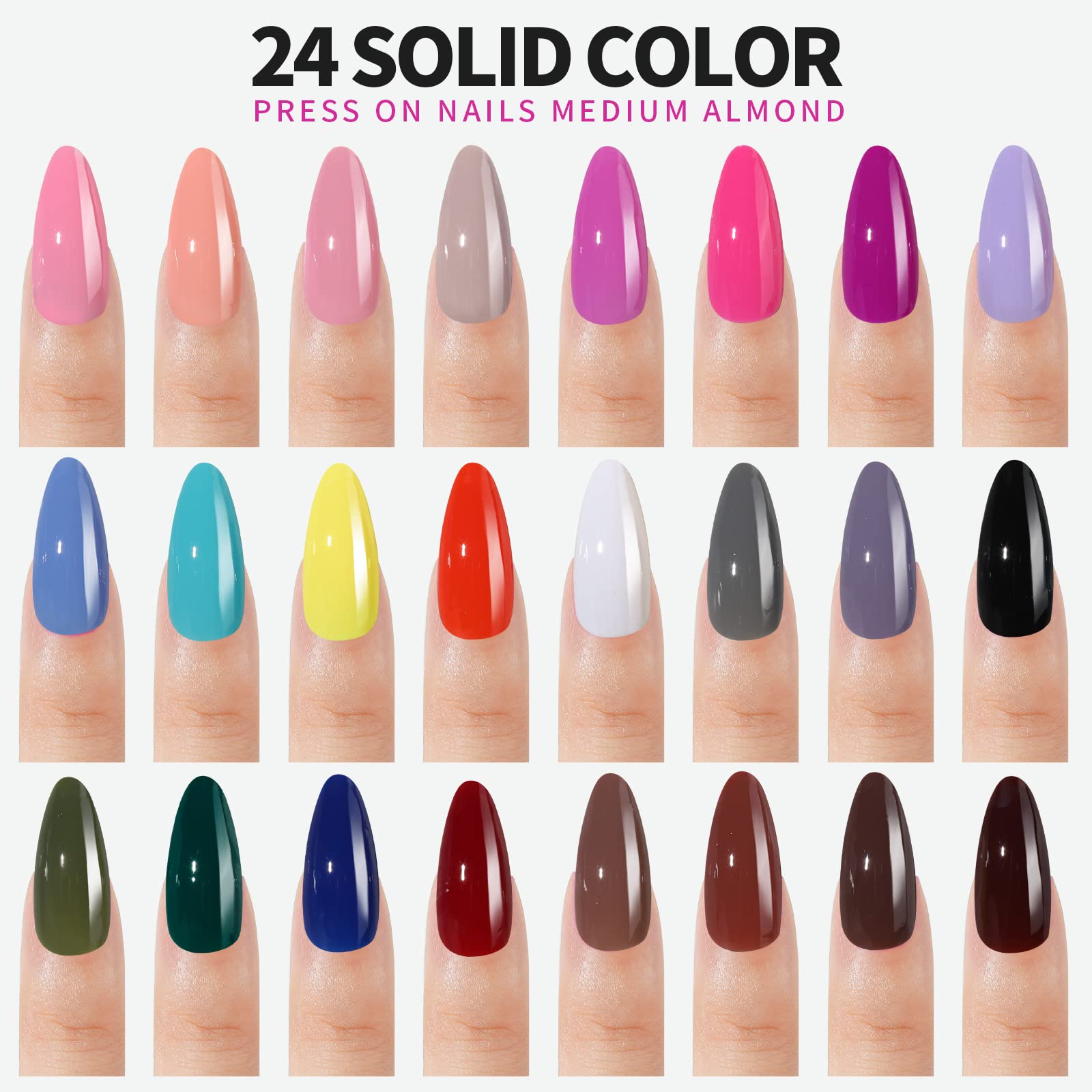 FANDAMEI Press on Nails, 24 Colors 576PCS Press on Nails Almond, Medium Acrylic Fake Nails Full Cover, Natural Press on Nails Glossy, False Nails with Nail Glue - Image 2