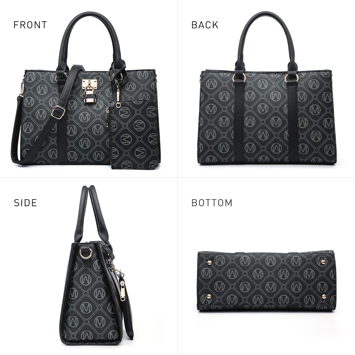 MKP Women Fashion Top Handle Handbags Purses Satchel Tote M Signature Padlock Shouler Bags Work Bag with Wallet Wristlet Set 2pcs (Black)